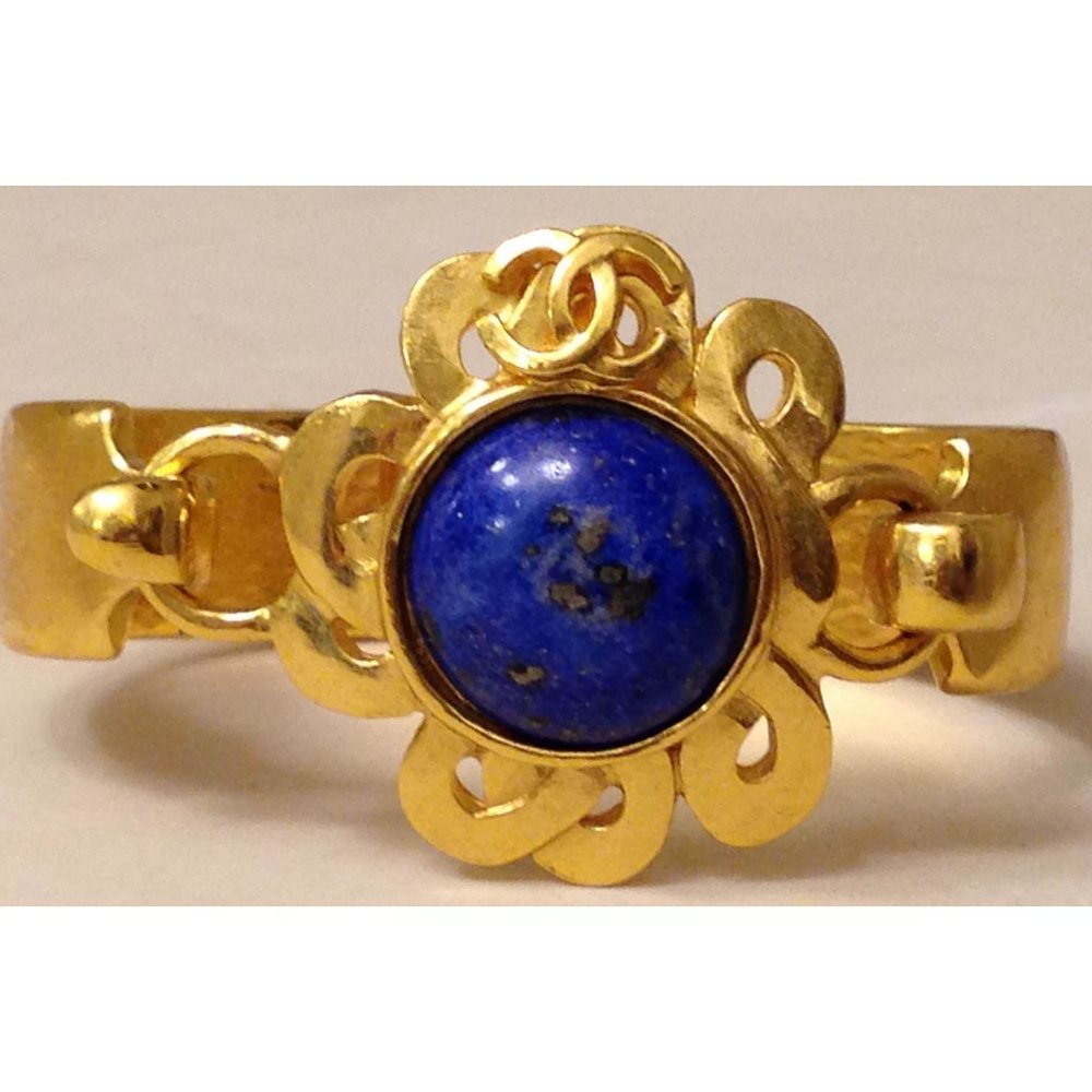 Authentic Chanel CC LOGO lapis lazuli stone hammered gold goldtone bracelet 97P